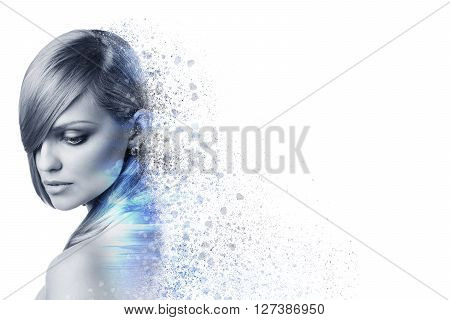 Beautiful woman face in double exposure crushed isolated on white background.