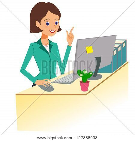 Business woman character vector. Cheerful smiling cartoon female character working at the desk and gesturing for attention. Isolated on white background