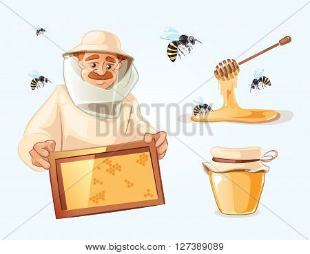 Apiary vector illustrations. Apiary pictures set with bee, honey, honeycomb and Man beekeeper in special costume. Bank with honey.
