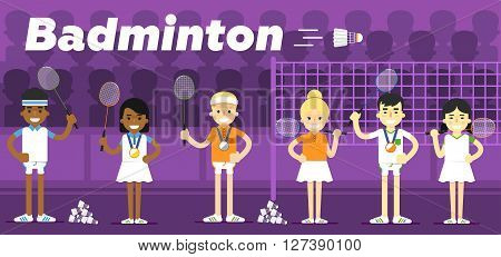 Badminton team on awarding some pedestal with a gold, a silver and a bronze medal with rackets in hand flat vector illustration. The Olympic sport.