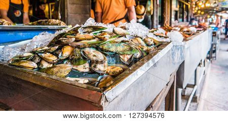 Fresh seafood at fish market near Bangkok, in Thailand