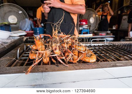Fresh seafood at fish market near Bangkok, in Thailand