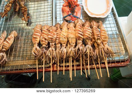 Fresh seafood at fish market near Bangkok, in Thailand