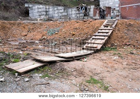 Heap of construction waste and bricks. Garbage bricks and  broken glass. Environmental pollution.