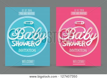 Vector baby Shower Invitation for Boy and Girl . Blue and Pink. Isolated on Grey Background