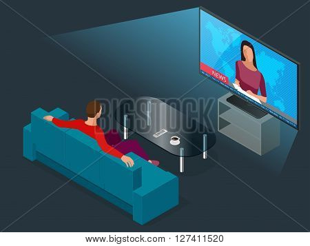Young man seated on the couch watching tv, changing channels. Flat 3d vector isometric illustration