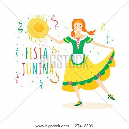 Festa Junina traditional Brazilian celebration vector illustration. Latin American traditional june feast. Cute girl in rustic dress is holding straw hat and dancing. Festa junina card invitation design