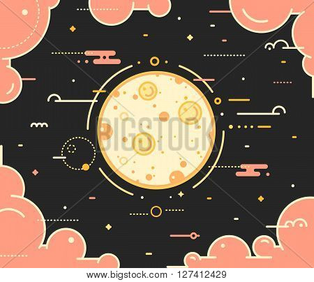 Moon planet with the clouds thin outline vector illustration on dark background. Space landscape with full moon in night sky with pink clouds and stars. Moon symbol in outline style