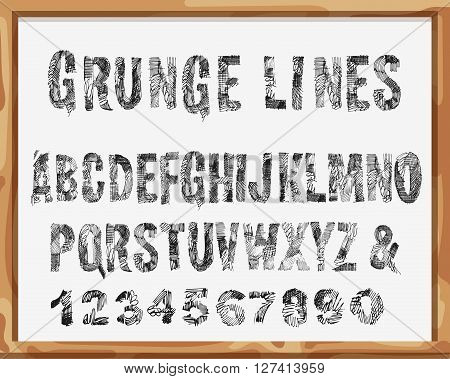 Handdrawn Font. Alphabet and Numbers with Grunge Lines and Strokes. Vector Scribble design. Isolated On White School Desk Background