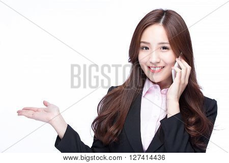 Young Business woman show empty copy space and smile talking on the mobile phone isolated on white background model is a asian beauty