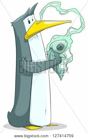 A vector illustration of cute little penguin with fish