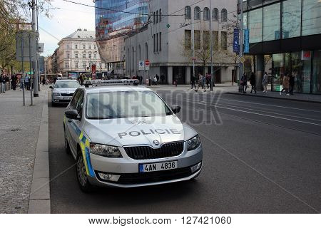 Prague Czech Republic - April 22 2016: Two Skoda Octavia Police Cars Parked on the Street in Prague Nobody in vehicles