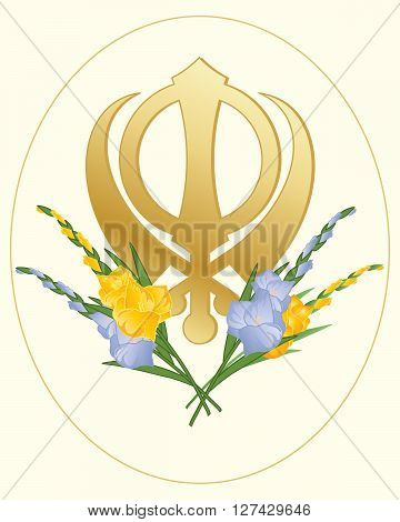 an illustration of a greeting card with a sikh golden symbol of the faith decorated with gladioli flowers on a cream background