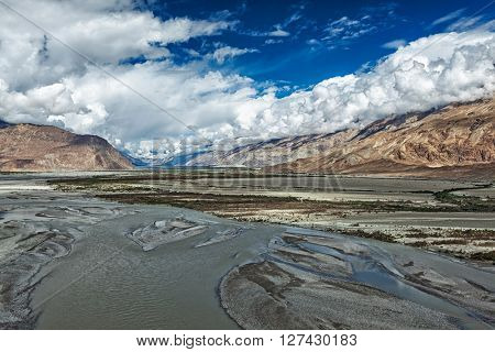 Nubra valley and Nubra river in Himalayas. Ladakh, Jammu and Kashmir, India