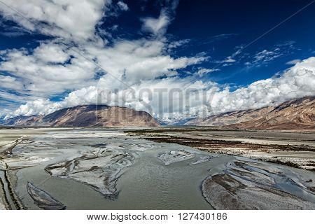 Nubra valley and Nubra river in Himalayas. Ladakh, Jammu and Kashmir, India