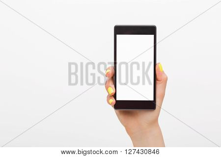 Person holding blank screen smart phone in hands