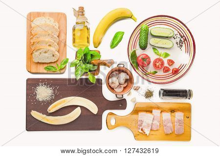 Ingredients for tartines on the white background