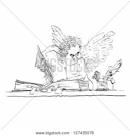 Angel bureaucrat pulls out a page from the book. Black and white vector cartoon. Bureaucracy and paperwork