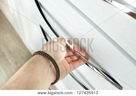 hand open drawer white action background elegant
