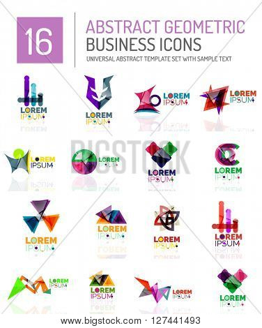 Abstract geometric business logo icon set. Colorful geometrical figure compositions with light effects - triangles circles rings arrows lines