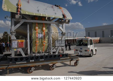 ANKARA/TURKEY- APRIL 29, 2015: Upper shell of Airbus Military A400m aircraft at the Turkish Aerospace Industry-TAI's apron. April 29, 2015-Ankara/Turkey