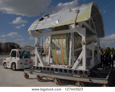 ANKARA/TURKEY- APRIL 29, 2015: Upper shell of Airbus Military A400m aircraft at the Turkish Aerospace Industry-TAI's apron. April 29, 2015-Ankara/Turkey