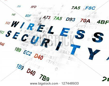 Safety concept: Pixelated blue text Wireless Security on Digital wall background with Hexadecimal Code