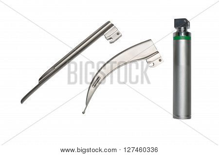 Laryngoscope with Miller blades and Macintosh blades on white background.
