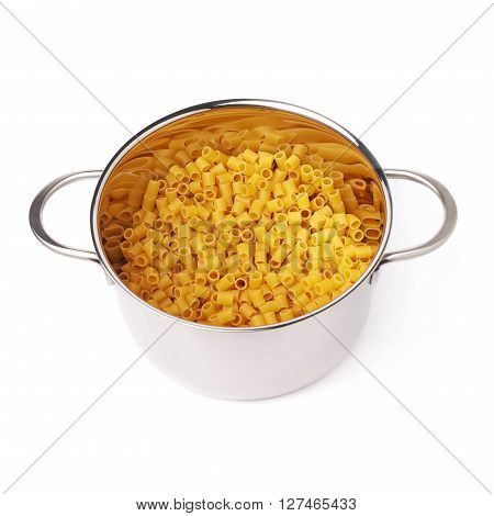 Metal pan filled with dry ditalini yellow pasta over isolated white background
