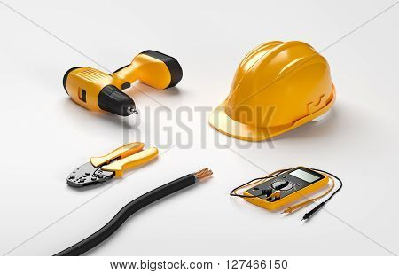 electric screwdriver, helmet, crimping pliers and digital multimeter on isolated background