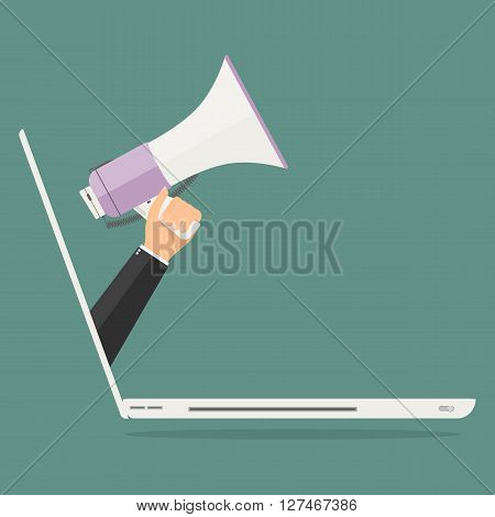 Businessman hand from laptop computer PC holding megaphone for advertising. Vector illustration business online advertisement concept.