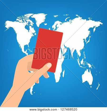 Human hand hold a red card on world map background. Vector illustration boycott concept.