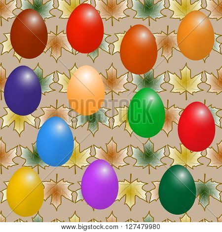 painted Easter eggs on the tablecloth with maple leaves