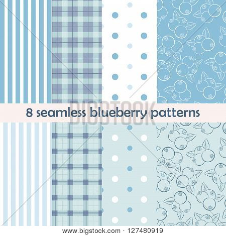 Set of 8 seamless patterns. Blueberry collection with berries on blue and light background. Perfect for wallpaper wrapping paper textile package design. Vector illustration.