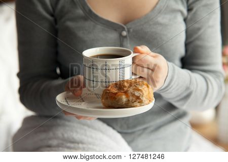 Healthy breakfast in the morning served on tray in bed with coffee, cornflakes, croissant and milk
** Note: Visible grain at 100%, best at smaller sizes