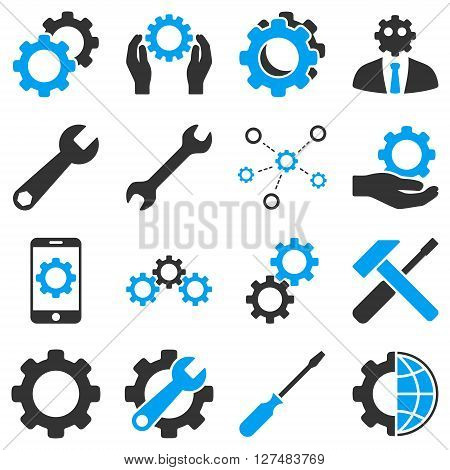 Options and service tools icon set. Vector style is flat bicolor symbols, blue and gray colors, rounded angles, white background.