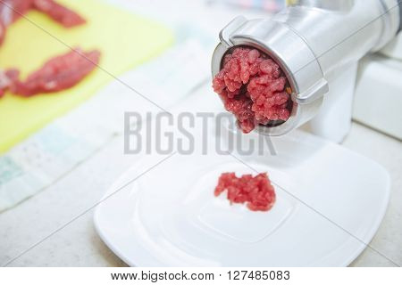 Mincing machine with forse meat. Close-up view