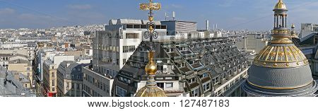 PARIS FRANCE - OCTOBER 11 2015: Panorama and Aerial view from the terrace of store Printemps (founded in 1865) in Paris.