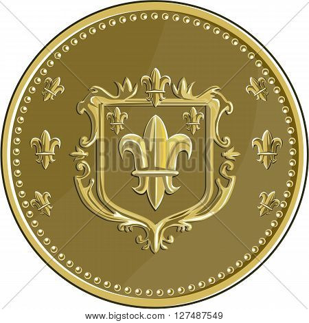 Illustration of a fleur-de-lis fleur-de-lys or flower of the lily depicting a stylized lily or lotus flower inside a crest shield coat of arms set on gold coin medallion medal done in retro style.