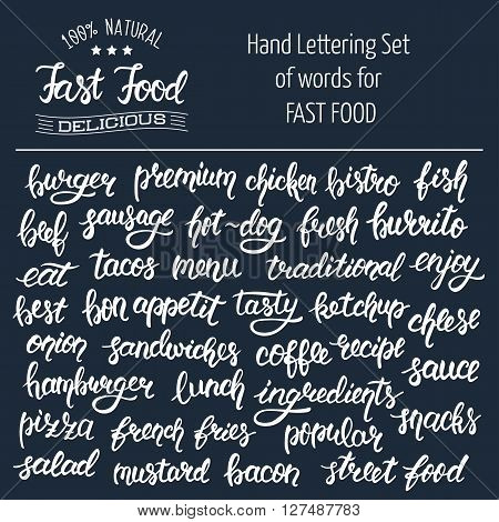 White hand lettering set of words for fast food. Vector illustration