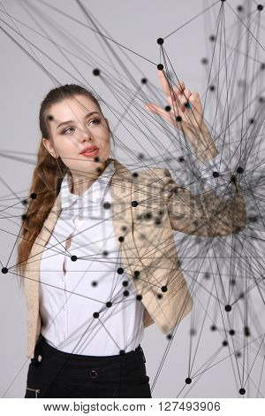 Global network connection concept, woman working with futuristic computer interface.