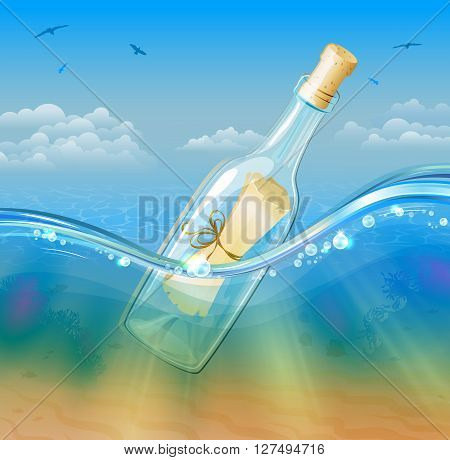 Botlled Scroll Message In Deep Sea Water
