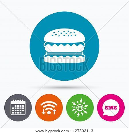 Wifi, Sms and calendar icons. Hamburger icon. Burger food symbol. Cheeseburger sandwich sign. Go to web globe.