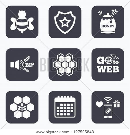 Mobile payments, wifi and calendar icons. Honey icon. Honeycomb cells with bees symbol. Sweet natural food signs. Go to web symbol.