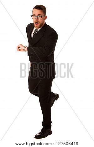 Successful Businessman In Formal Suit Chacking Time On Wrist Watch.