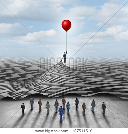 Employee leadership solution and workforce leader management with a businessman holding a balloon lifting a complicated 3D illustration maze opened up for a group of employees.