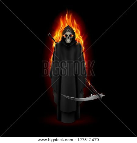 Grim Reaper in orange flame over black background