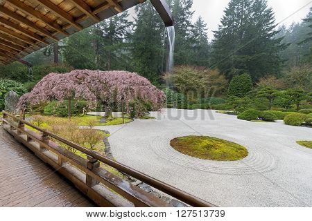 Rainy Day at the Flat Garden by the Pavilion at Japanese Garden in Spring Season