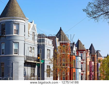 Residential row houses in US capital in spring. Historic architecture of Shaw neighborhood in Washington DC USA