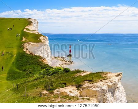 White chalk cliffs and aerial view of the Beachy Head Lighthouse Eastbourne East Sussex England